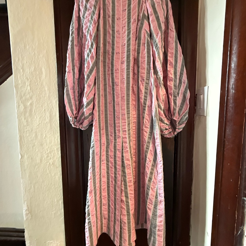 Ganni Seersucker Floral Pink and Gray Striped Dress
